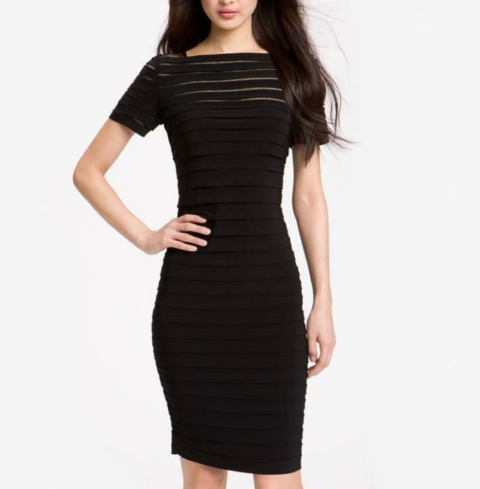 Adrianna Papell Illusion Bodice Pleated Black Dres